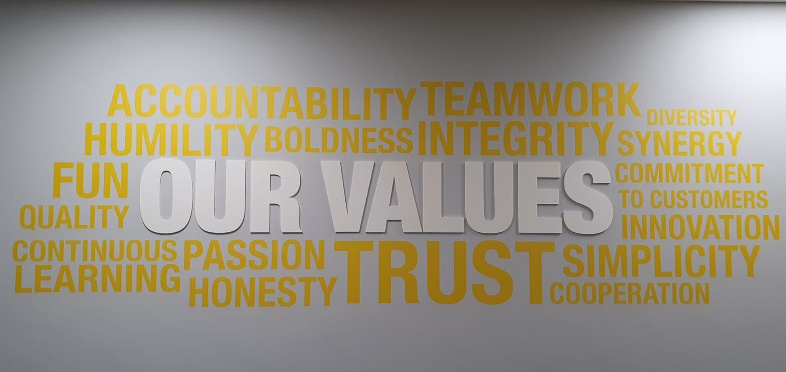 A photo of the wall at IDPP London Head Office displaying the list of values the company abides by